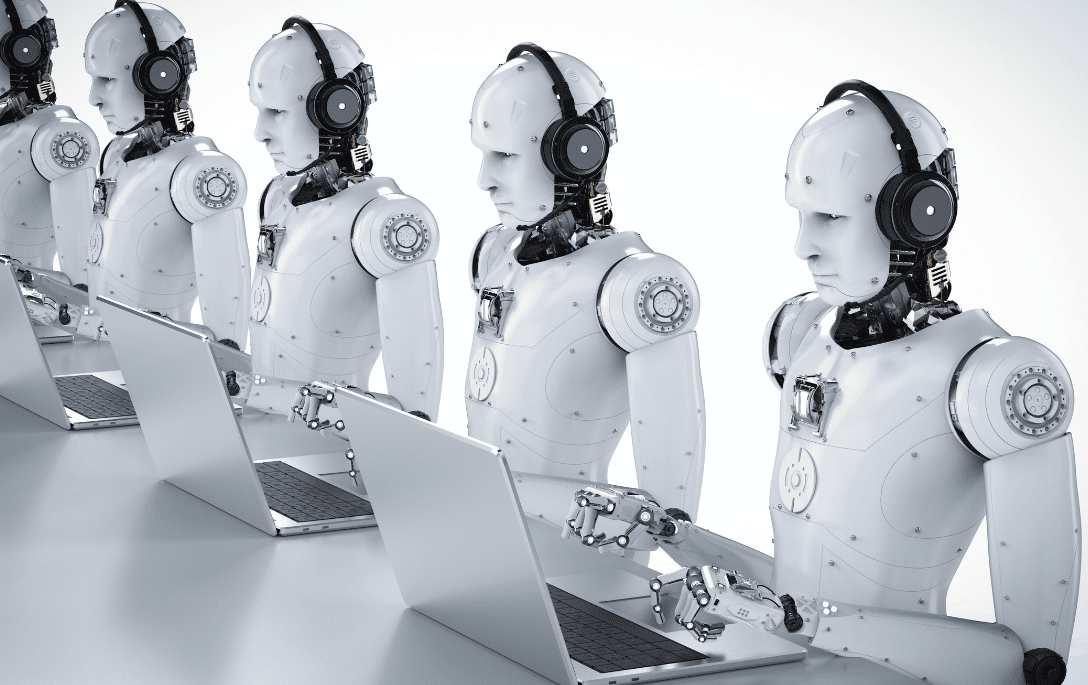 Multiple roboter with headsets and laptops.