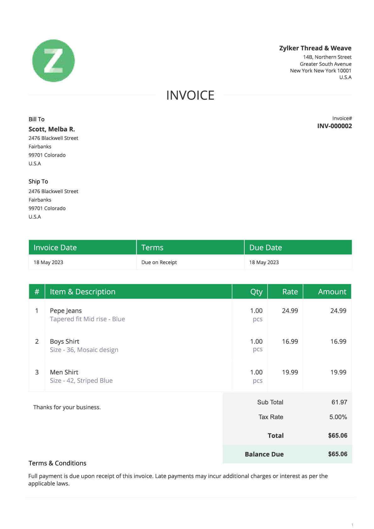 Image of a fictional invoice.