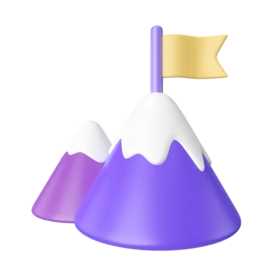 A 3d icon of a mountain with a golden flag on it.